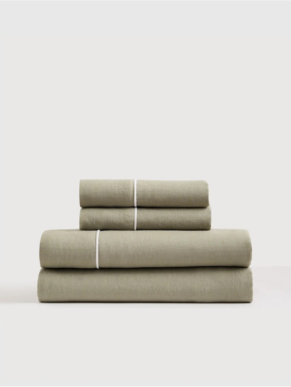 King European Linen Piped Sheet Set Willowleaf/White Sage Green